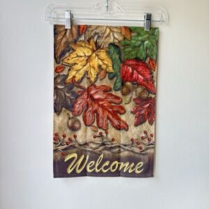 New Fall Garden Flag Leaves "Welcome" Brown Orange Berries Single Sided